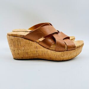 Kork Ease Shoes Womens 10 Brown Leather Wedge Cork Heels Slides Comfort Casual